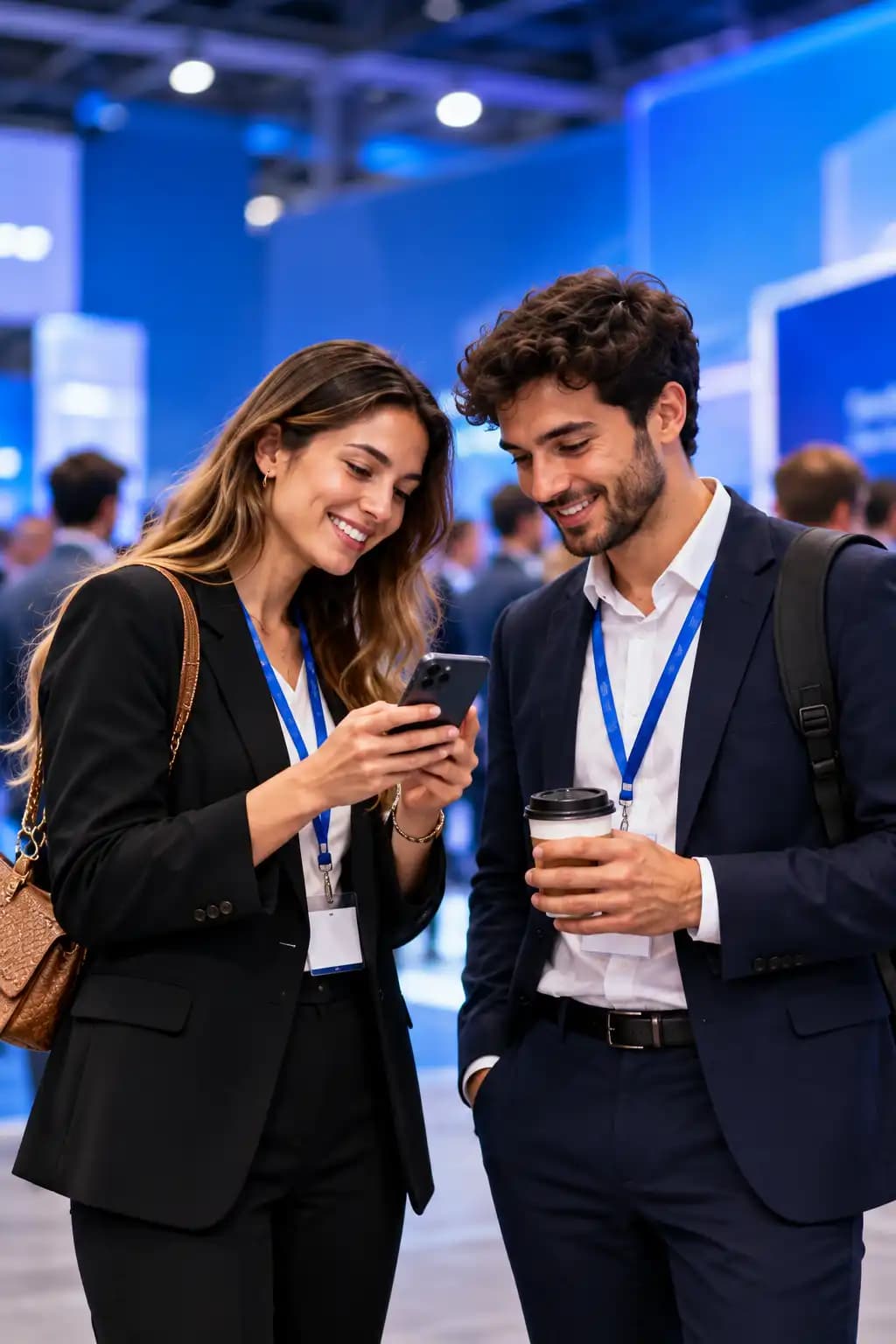Two professionals at a conference looking at a phone together while exchanging contact details