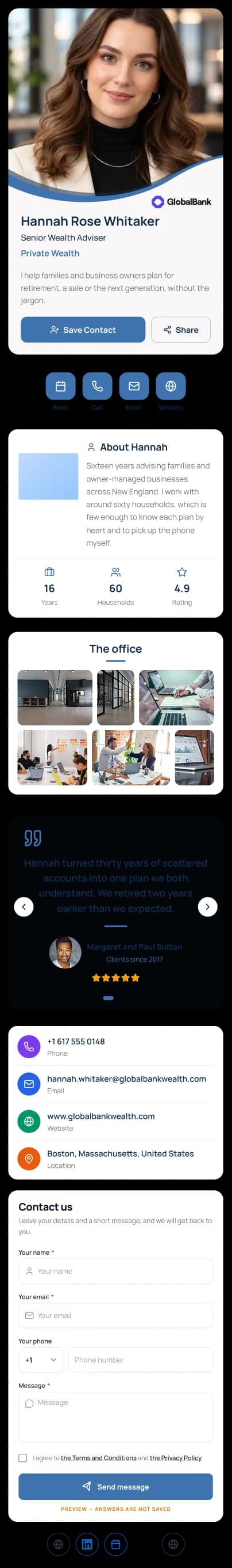 A complete digital business card for a senior wealth adviser: photo, role, Save Contact and Share buttons, about section with stats, photo gallery, client testimonial, contact details and a contact form